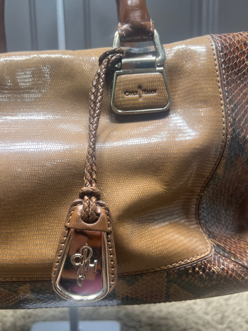 Cole Haan Snakeskin Brown Purse with Orange Interior - Picture 3 of 10